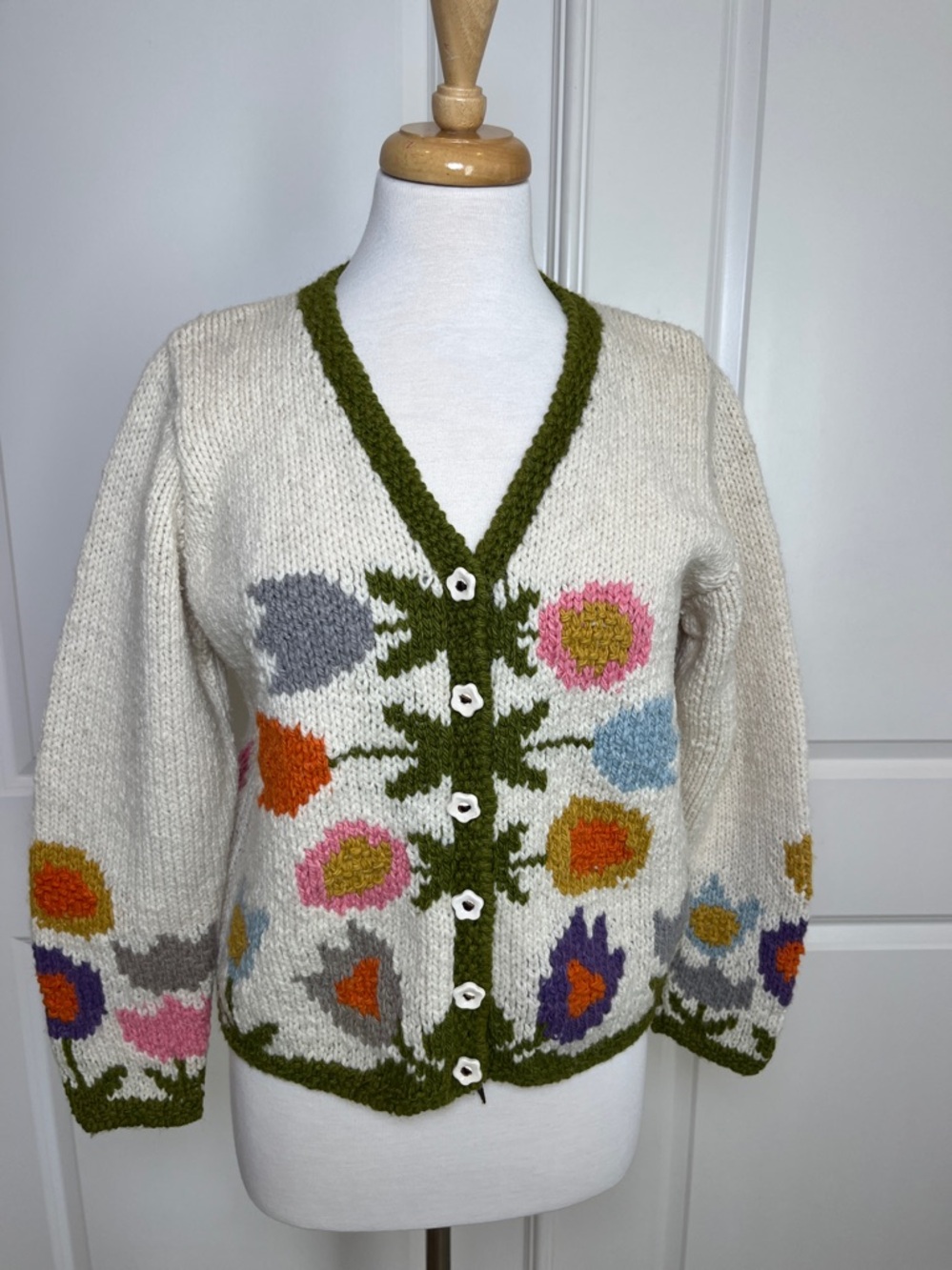 Amano 100% Wool Floral Chunky Knit Cardigan Womens S/M Cottagecore Gardencore